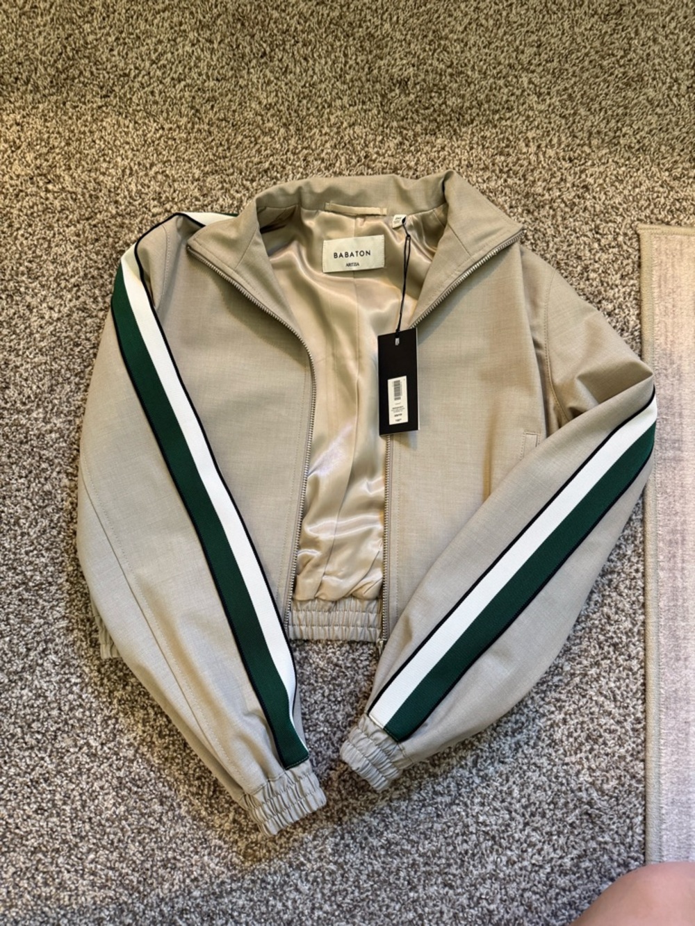 Babaton Sand Zip-Front Jacket with Green & White Sleeve Stripes